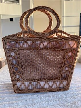 Woven Rattan Tote Bag in Natural Brown